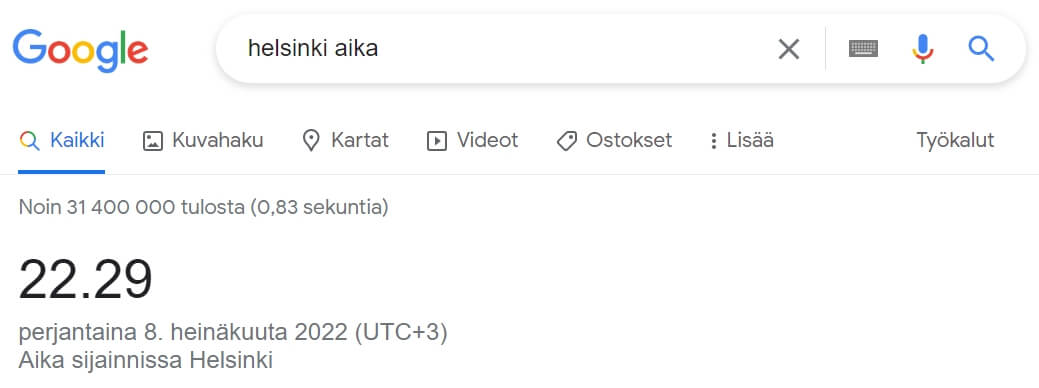 Googlen hakutulos hakusanalla "Helsinki aika"