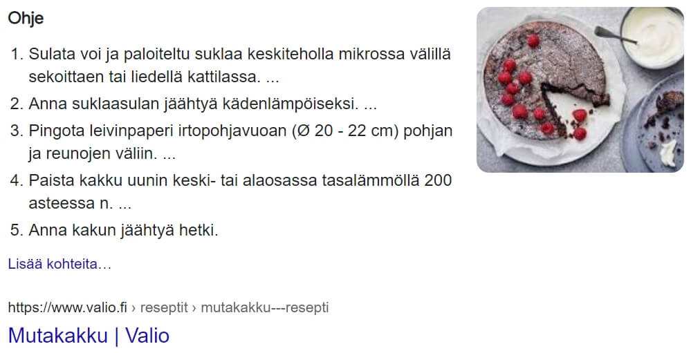 Googlen erityinen hakutulos hakusanalla "mutakakku resepti."